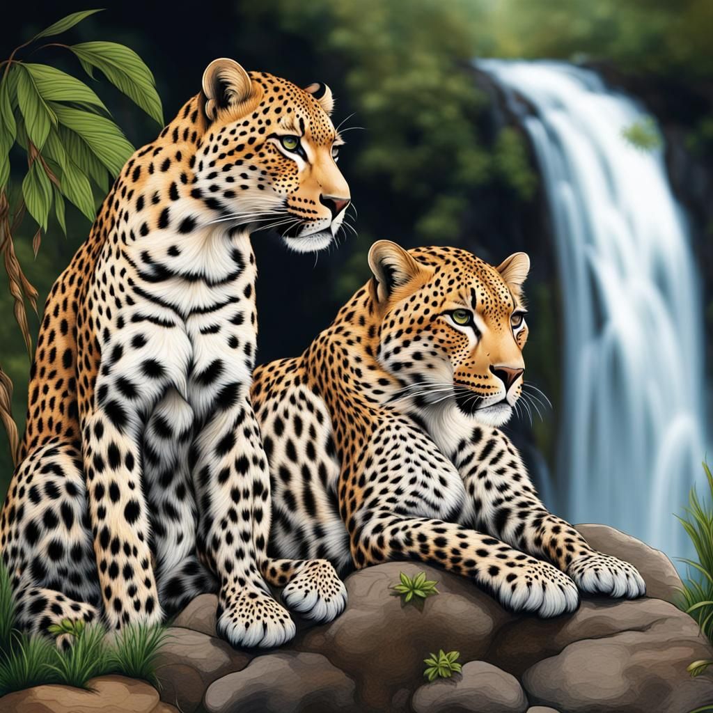 Leopards by a Waterfall