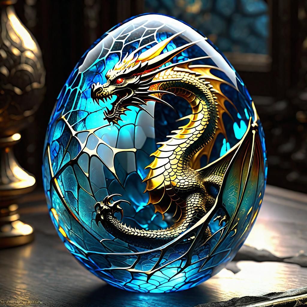 dragon inside a Transparent delicate cracked glass dragon egg, gold spiderweb fractal crack effect, dramatic natural lig...