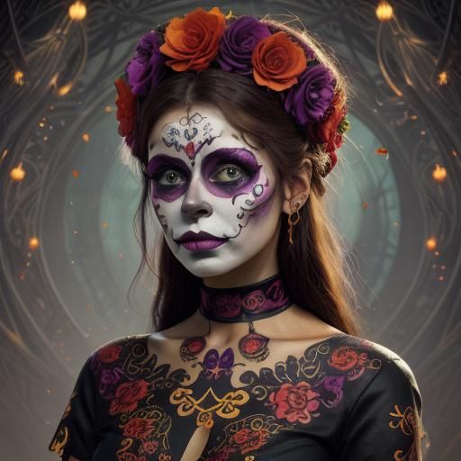 Woman with Día de los Muertos Face Paint, Digital Art
