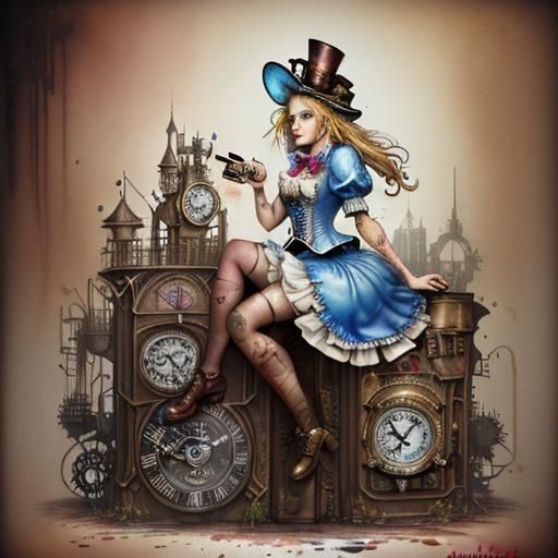 Steampunk Alice in Wonderland in Watercolour Graffiti Style