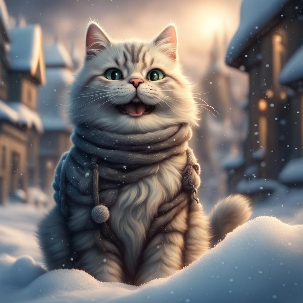 Cute Smiling Cat in Winter Landscape