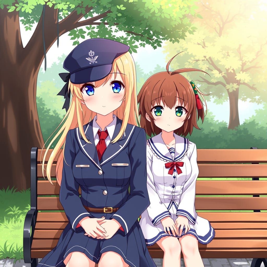 Anime Schoolgirls on a Park Bench