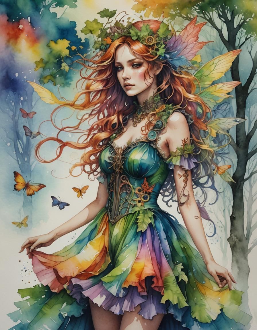 Steampunk Fairy in Watercolor Magical Realm