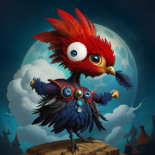 Gothic Punk Baby Bird in Whimsical Fairytale Scene