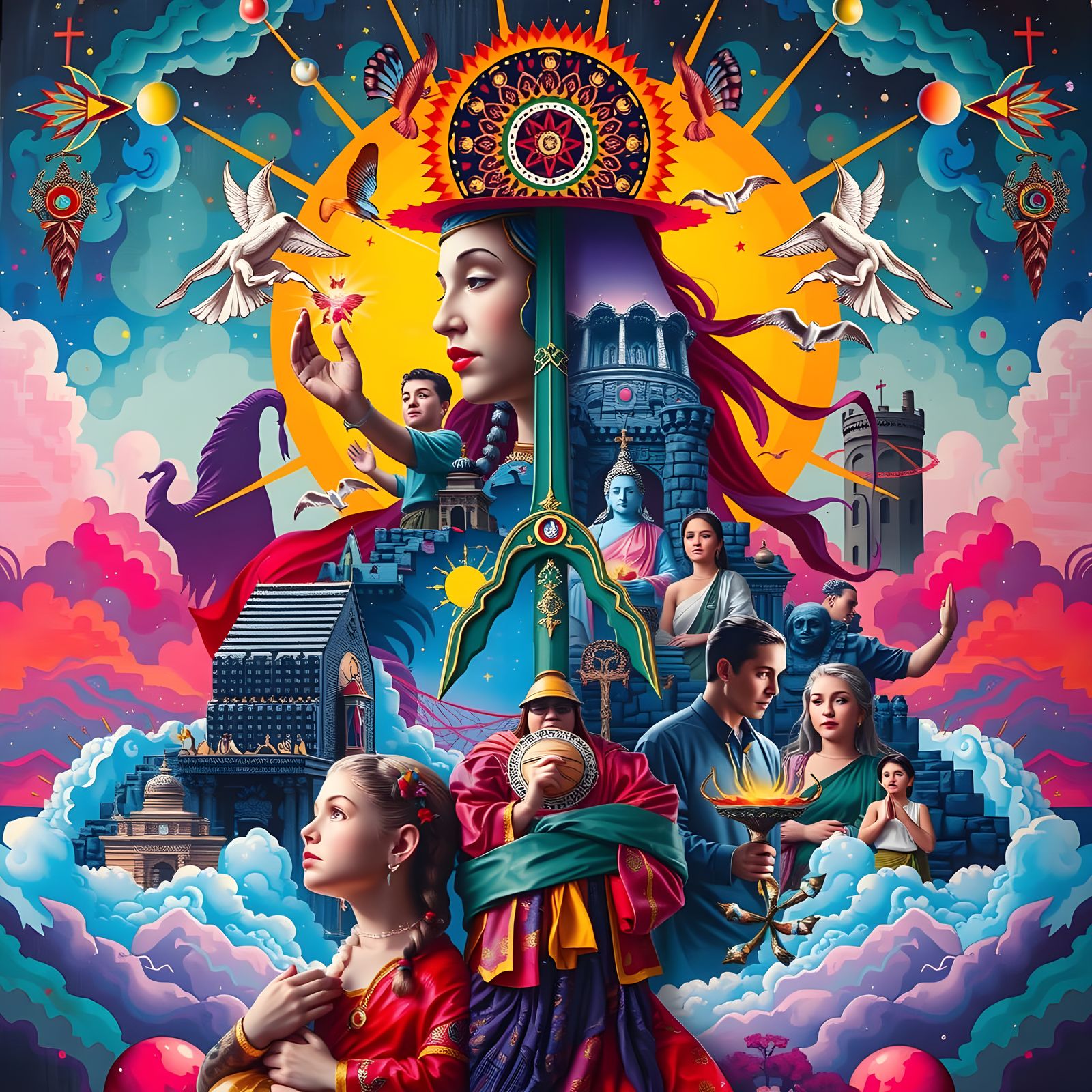 Surreal 3D Collage of Spiritual Souls in Vibrant Colors