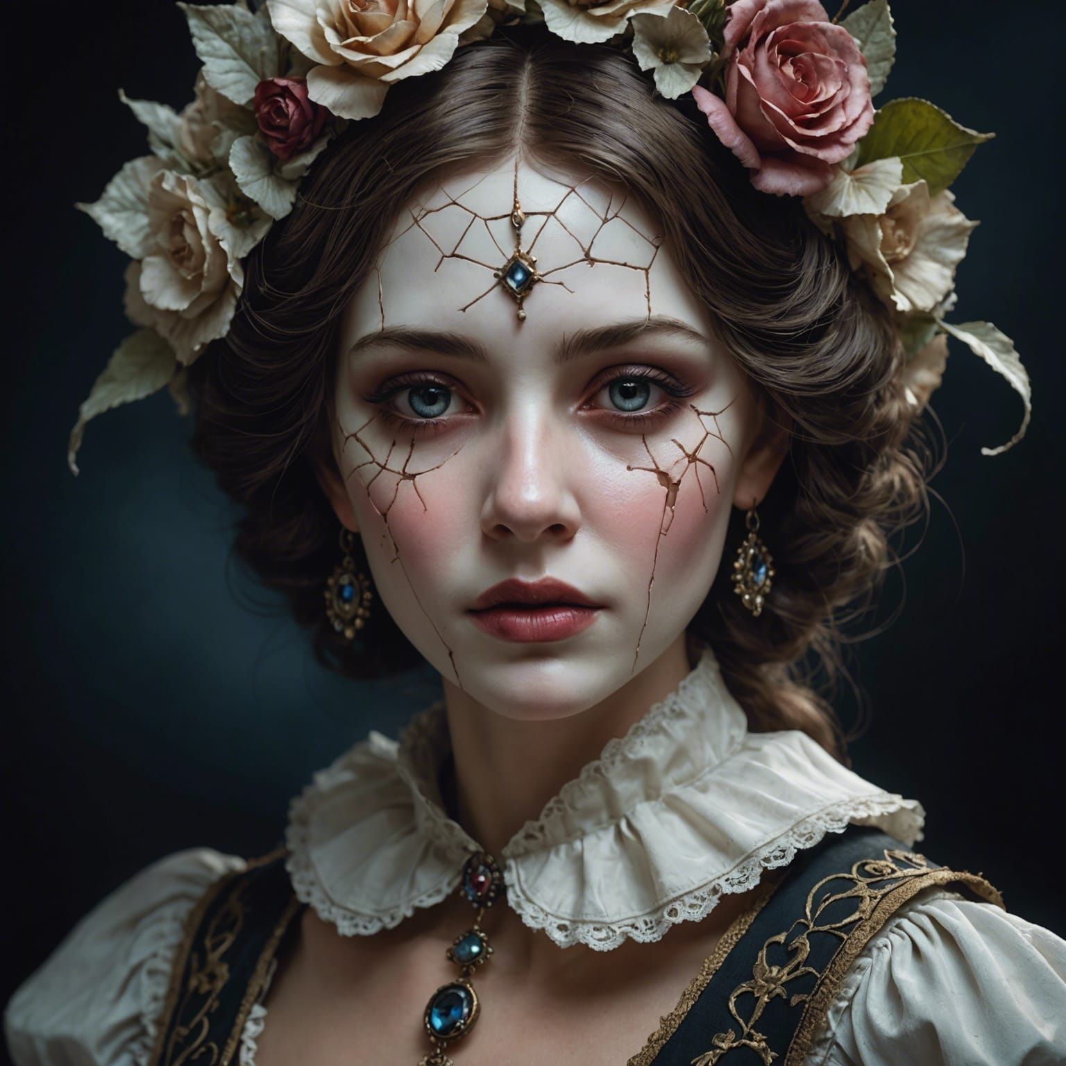 Dark Noir Portrait: Woman in Cracked Doll Mask