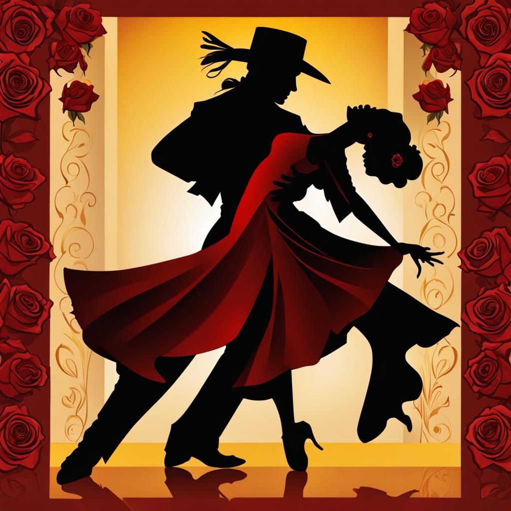Passionate Tango Dancers in Silhouette with Roses
