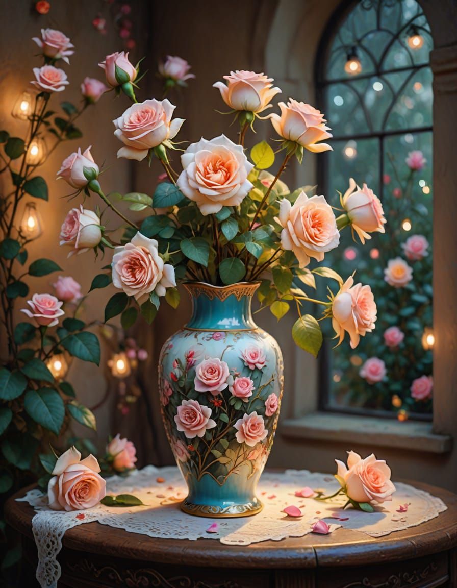 Elegant Fantasy Garden Scene with Roses and Vase in Oil Pain...