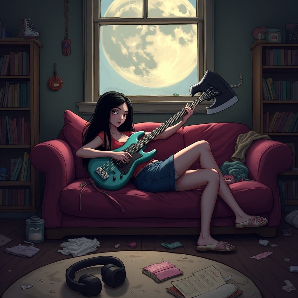 Moody Marceline on Velvet Sofa, Axe-Shaped Bass Guitar in Ha...