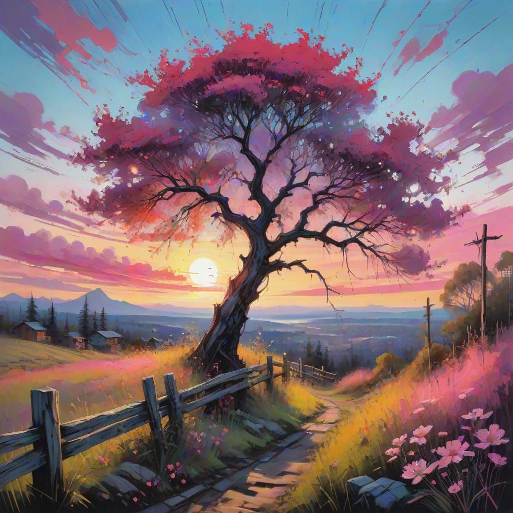 Impressionist Oil Painting of Hill Ridge at Misty Sunset