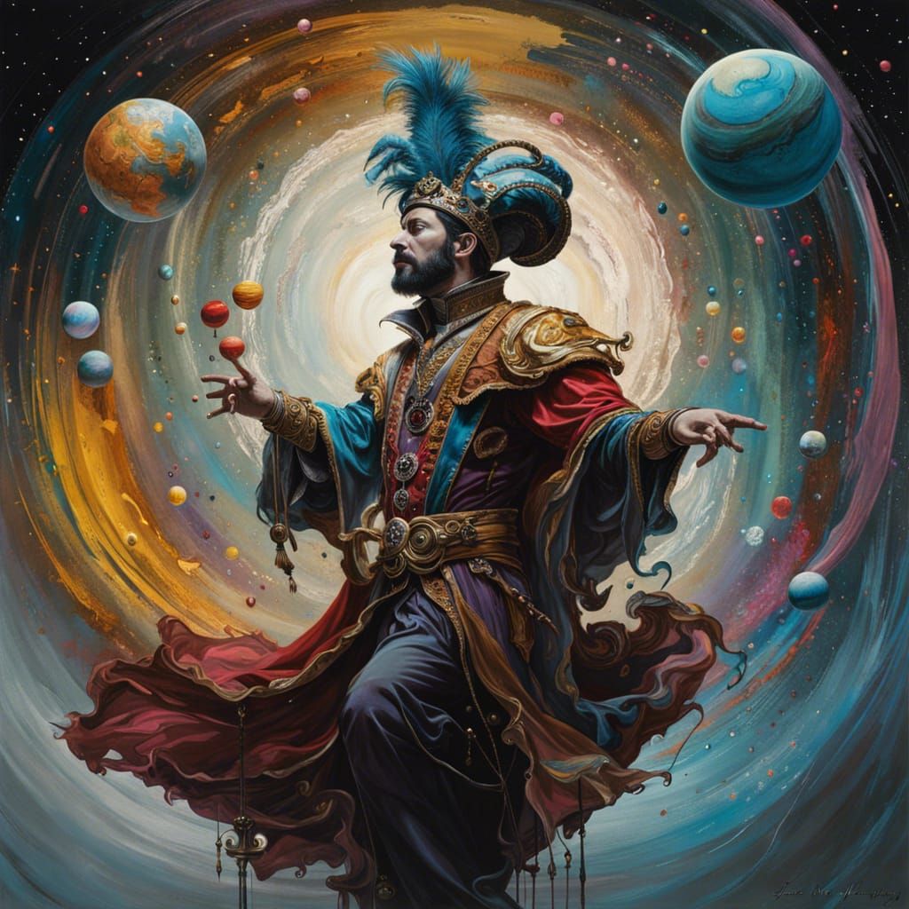 Jester Juggling Planets in Colorful Ink Flow