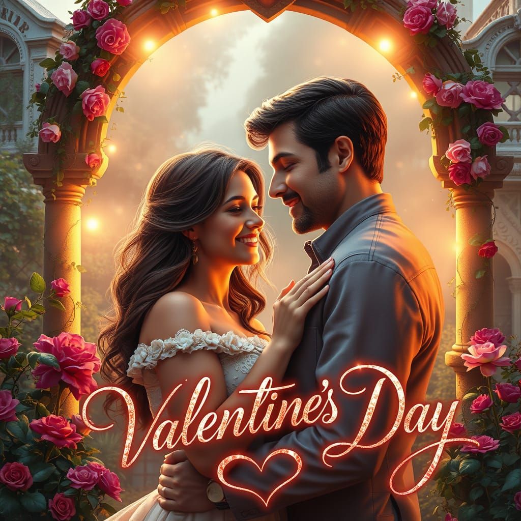 Whimsical Valentine's Day Garden Scene in Dreamy, Romantic S...