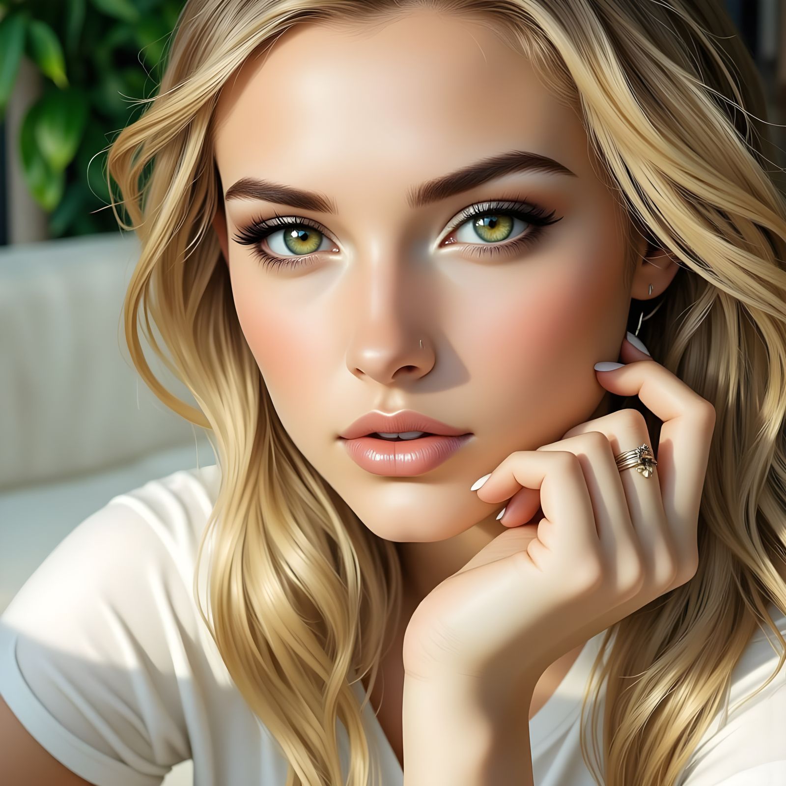 Beautiful Blond Woman with Green Eyes in Anime Style