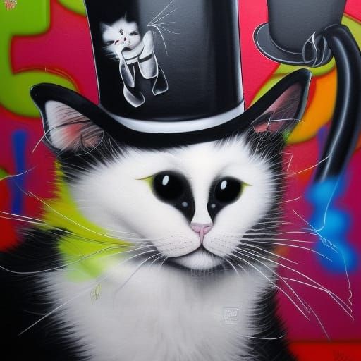 Dapper Cat in Top Hat with Moustache, Graffiti Style