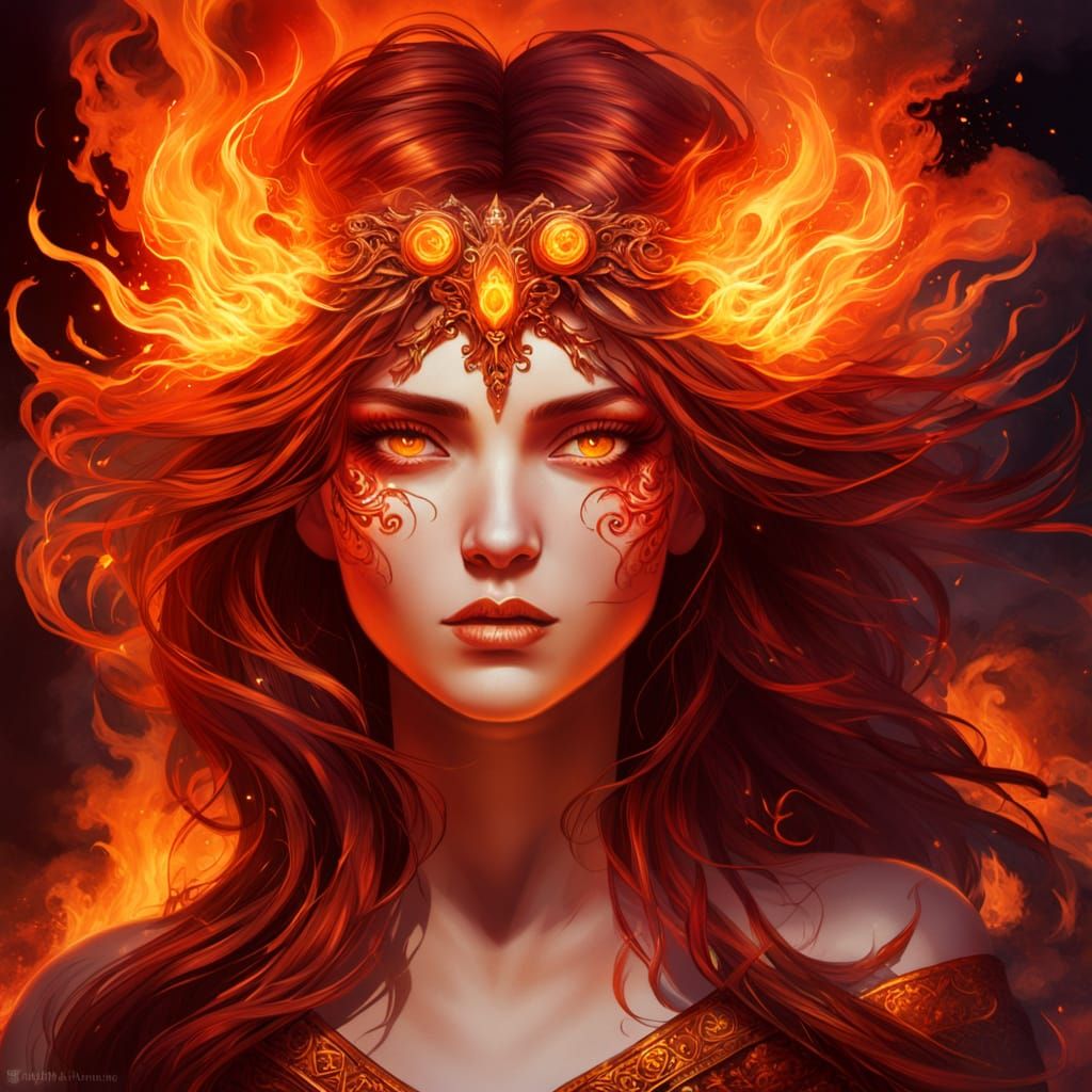 Fiery Goddess Illustration with Blazing Flames