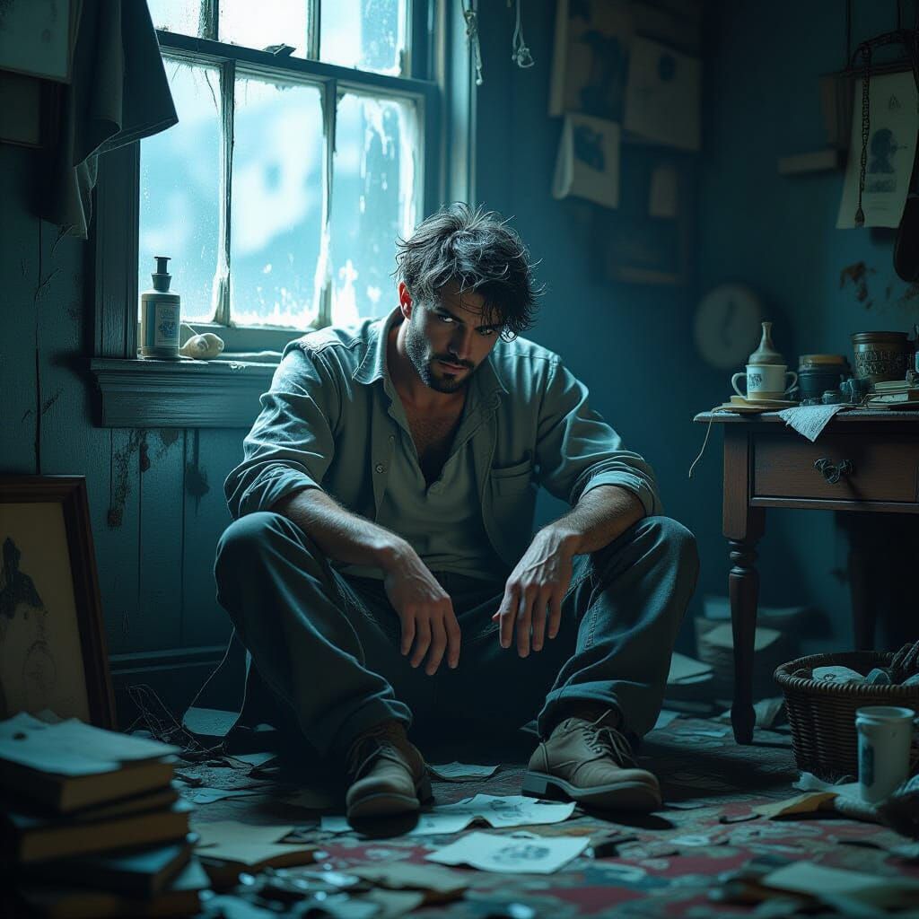 Melancholic Figure in Dim Apartment, Detailed Matte Painting