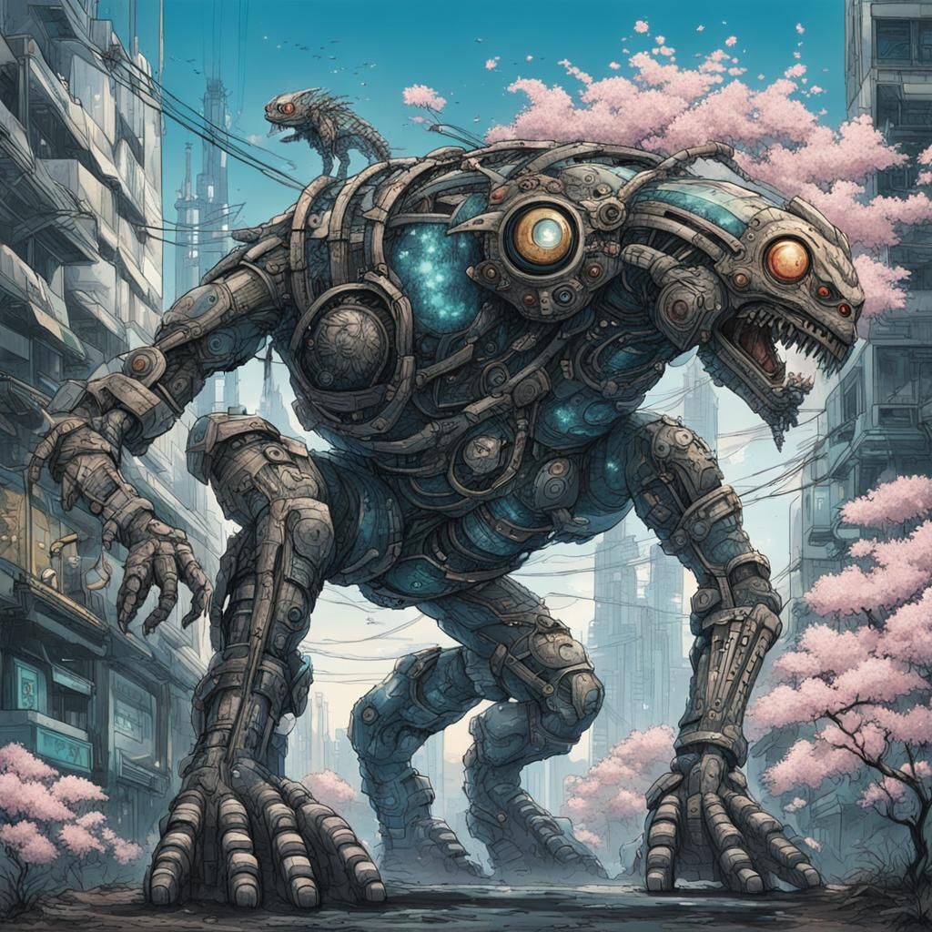 Cyberpunk Kaiju with Cherry Blossoms