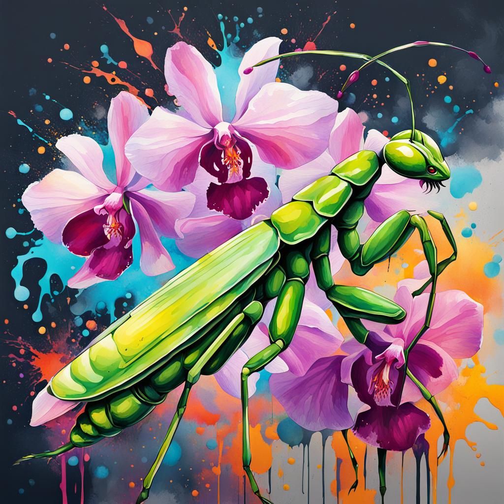 Impressionistic Watercolor Praying Mantis and Orchid