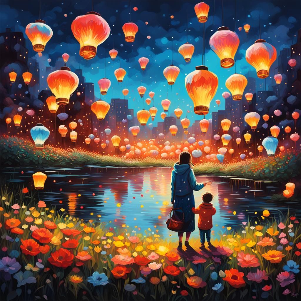 Luminescent Graffiti Art: Mother and Child in Flower Field