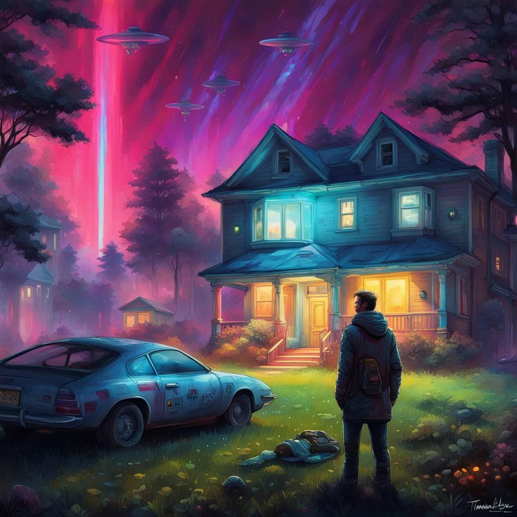 Graffiti Art: Person Awaits Spaceship in Starry Sky