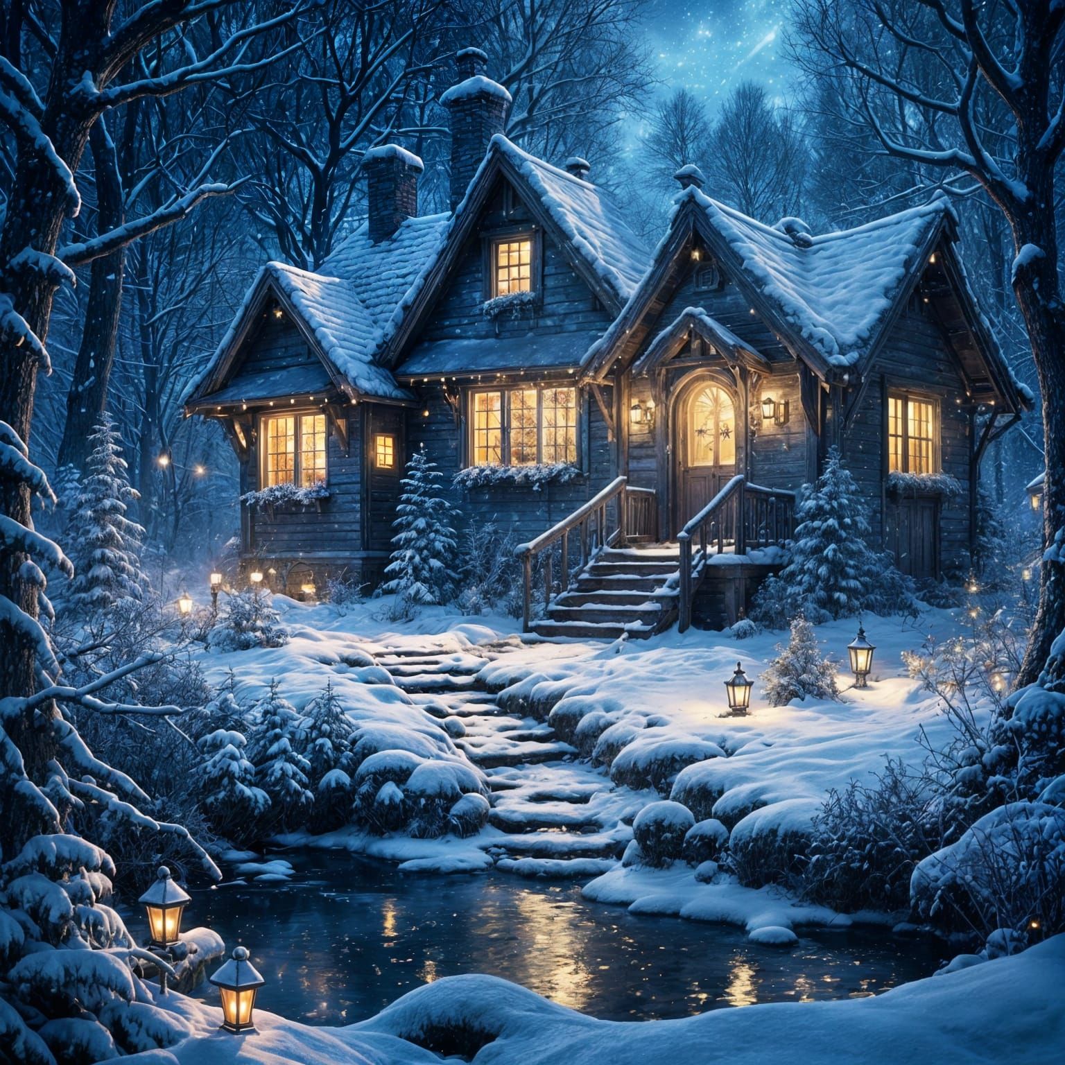 Enchanted Woodland Cottage Under Starlit Winter Sky