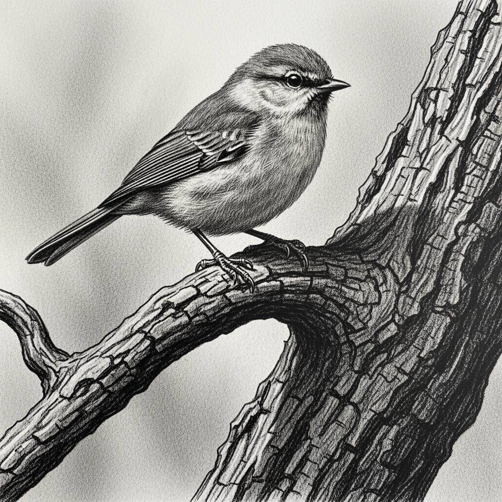 Hyperdetailed Charcoal Bird on Gnarled Branch