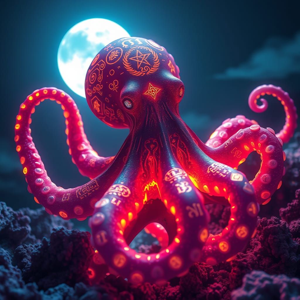 Luminous Octopus Above Coral Reef in Moonlight