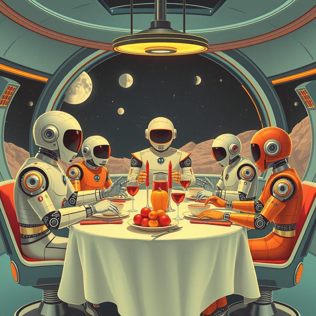 Futuristic Family Dinner on the Moon in Retro Style