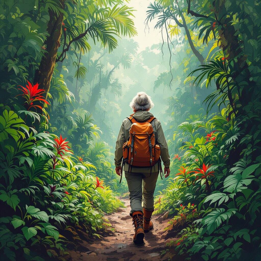 Impressionistic Grandmother Hiking in a Rainforest