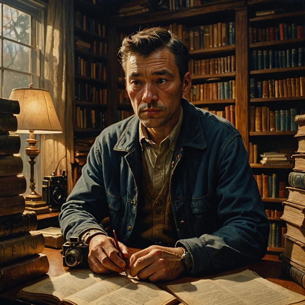 Cozy Portrait in Dimly Lit Study as Oil Painting