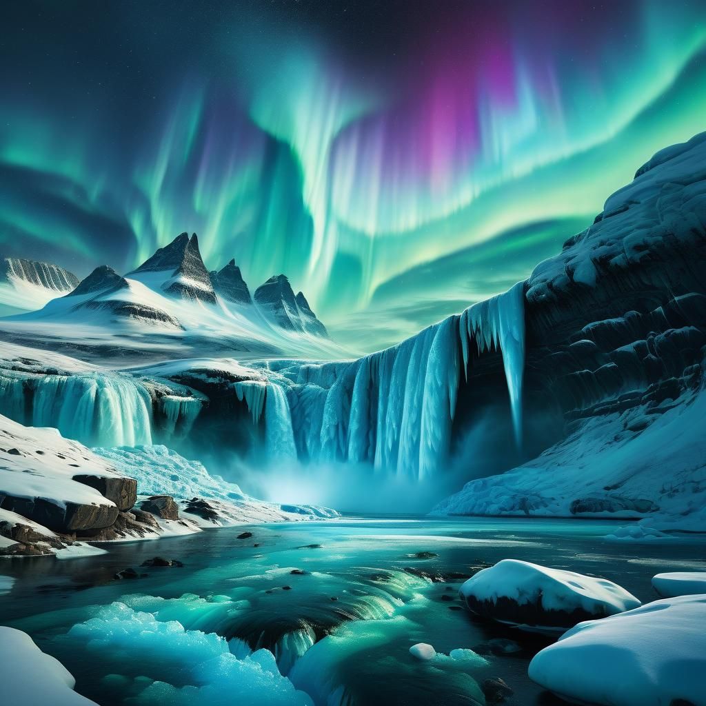 Arctic Waterfall Under Northern Lights: A Digital Painting