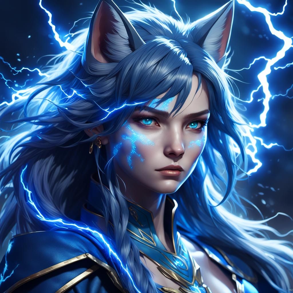 Kitsune in Blue Lightning Storm: Hyperdetailed Portrait