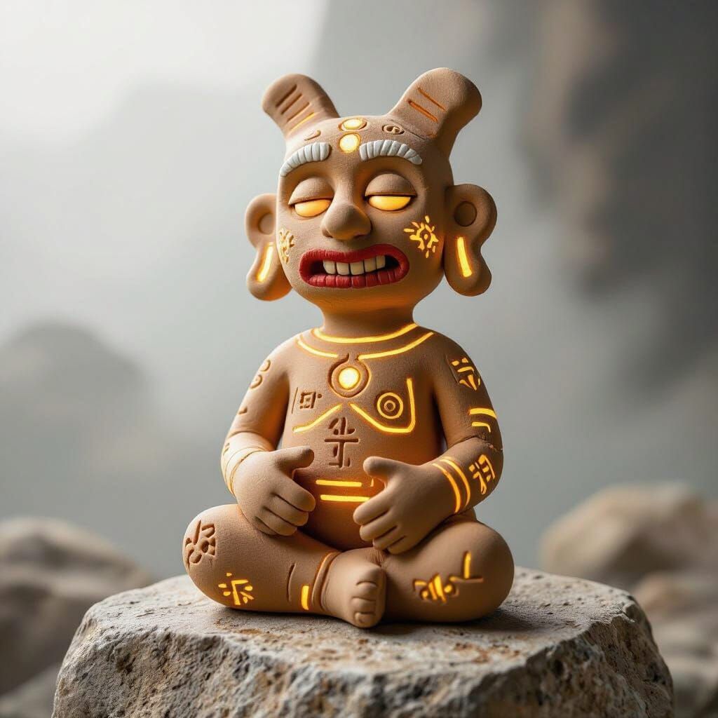 Mystical Clay Figure with Glowing Symbols