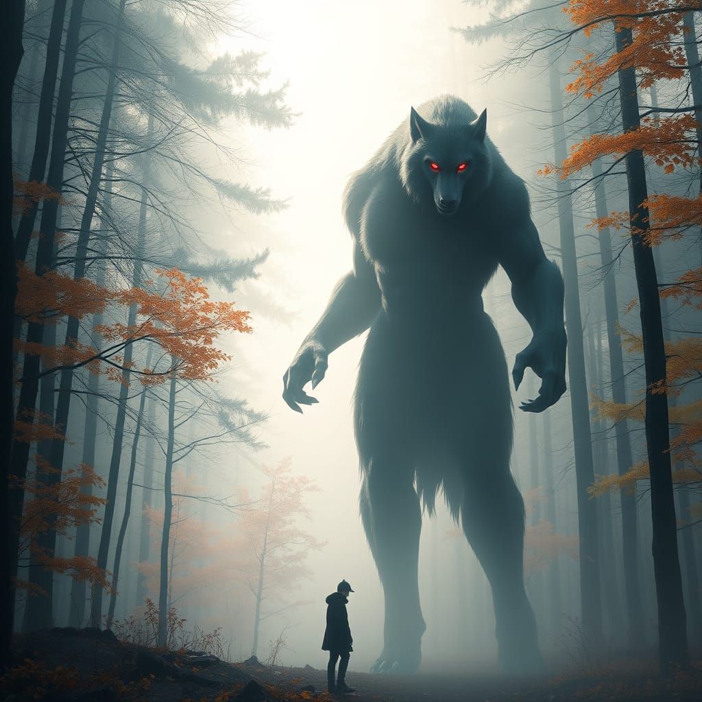 Mystical Wolf Humanoid Looms Over a Silhouetted Figure in an...