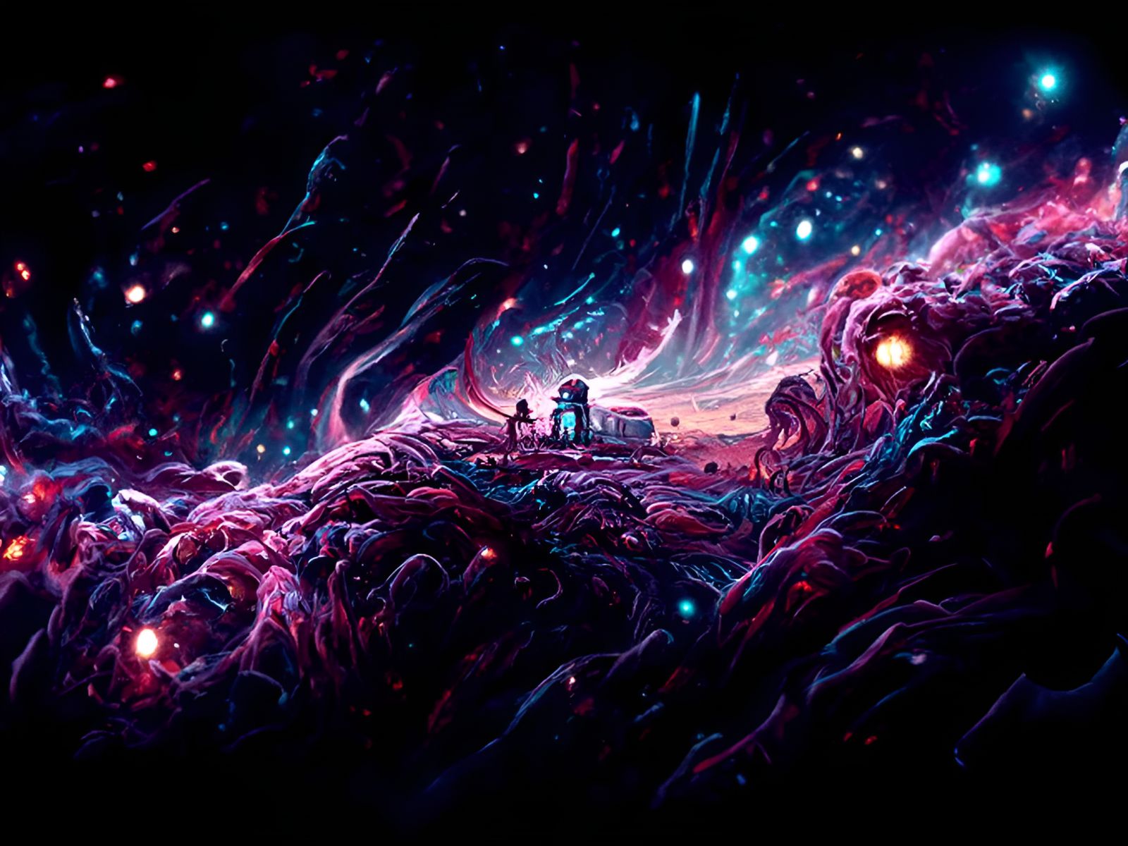 Colorful Cosmic Sci-Fi Landscape in Expressionist Style