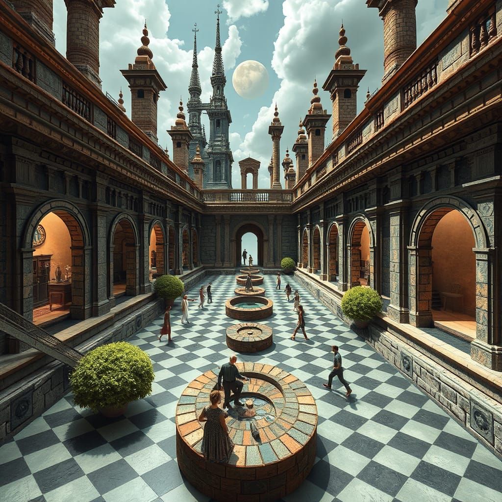 Surreal Fantasy Scene in M.C. Escher Style