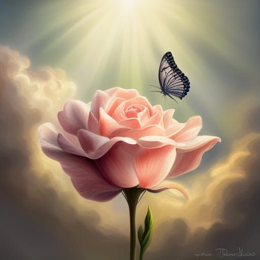 Hand Holding Rose with Tulips and Butterfly