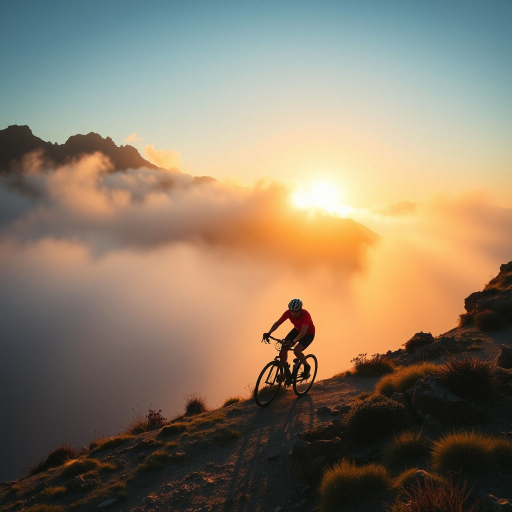 Cyclist Rides Misty Mountain Trails at Dawn
