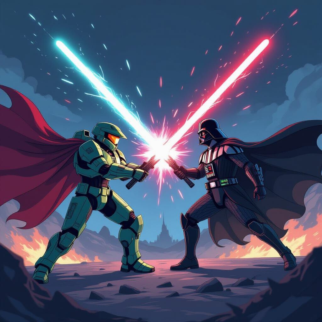 Master Chief Battles Darth Vader in Dynamic Anime Style
