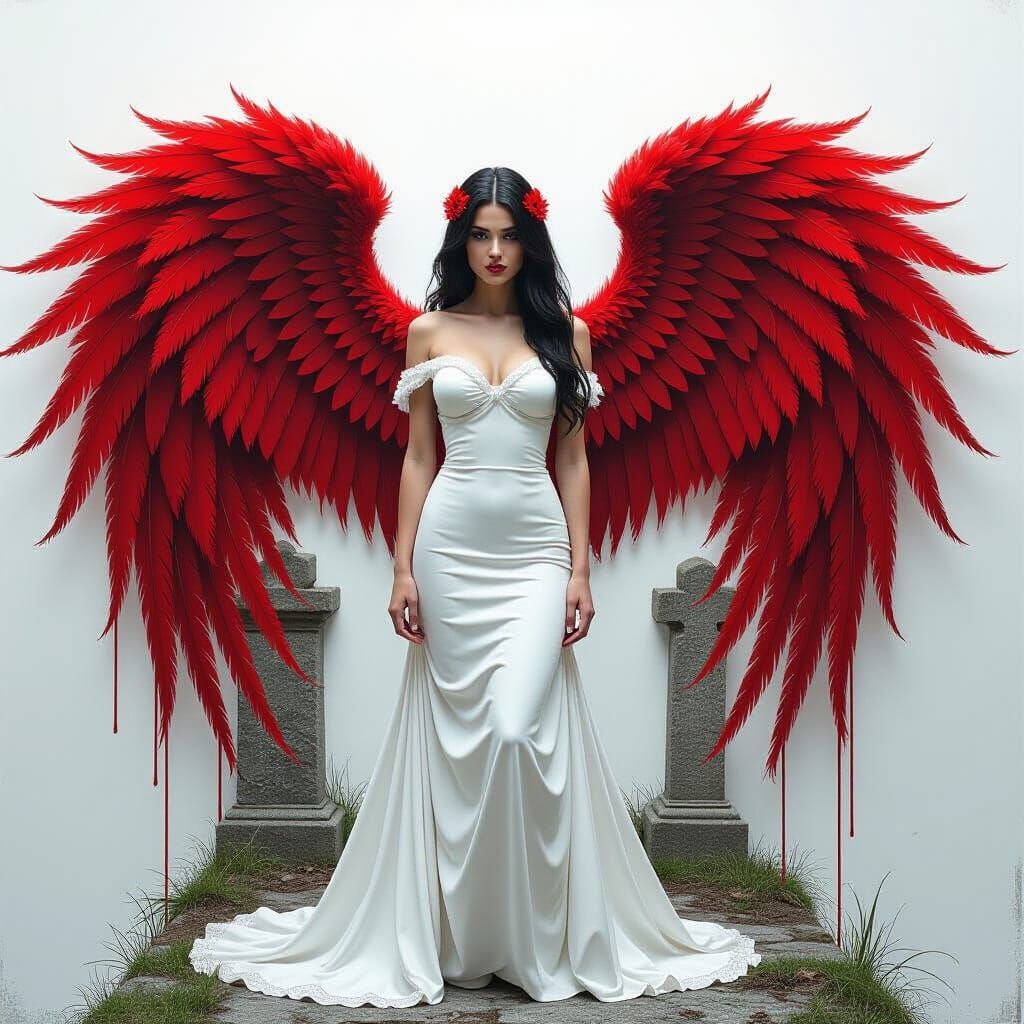 Gothic Angel in White Latex in Old Cemetery, Oil Painting St...