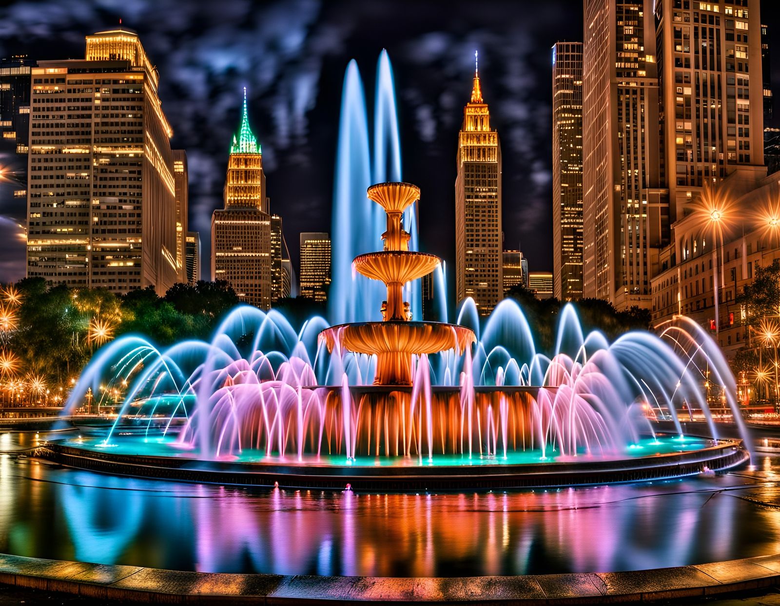 Nighttime Water Fountain Symphony of Light in HDR