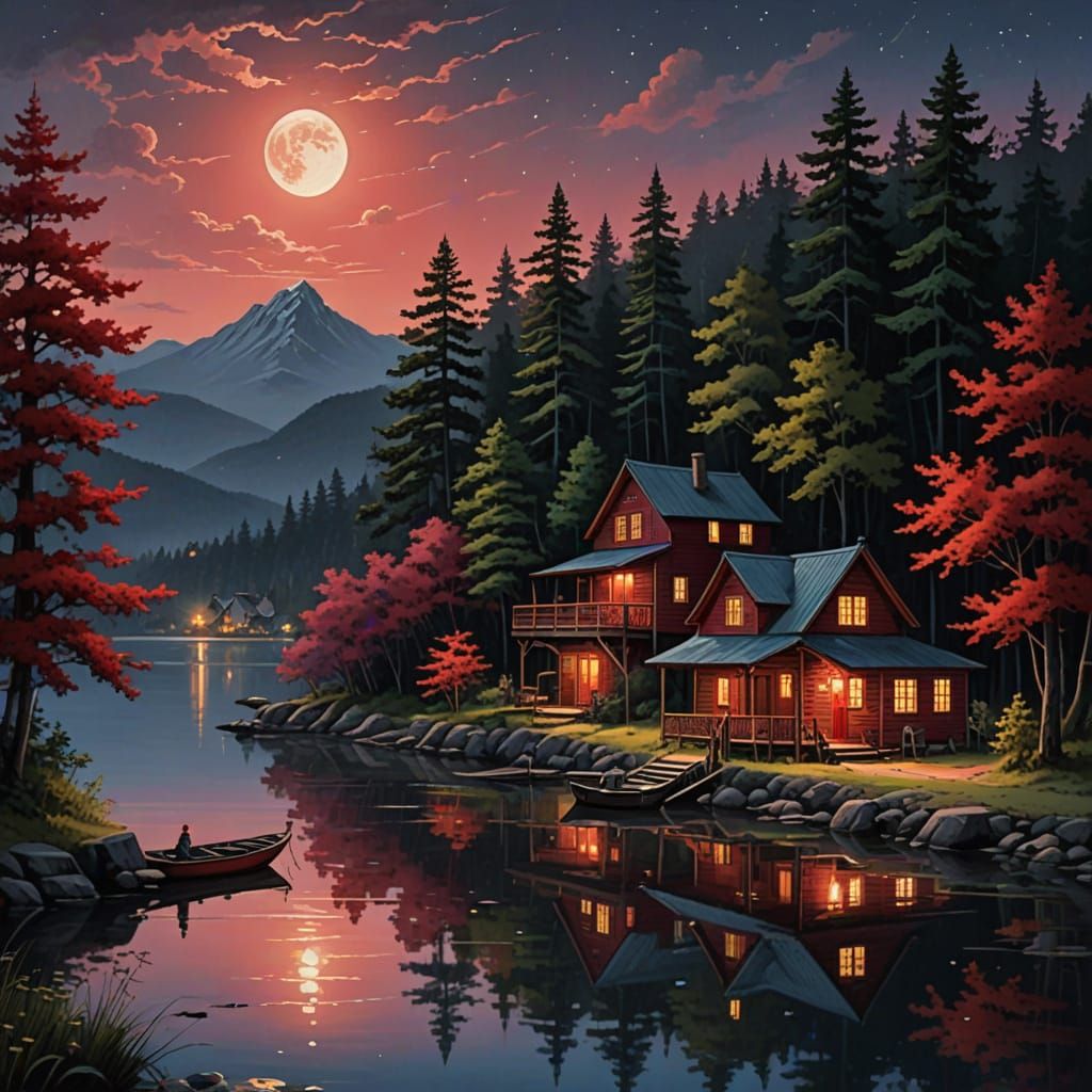 Whimsical Moonlit Village Scene in Kincade Style