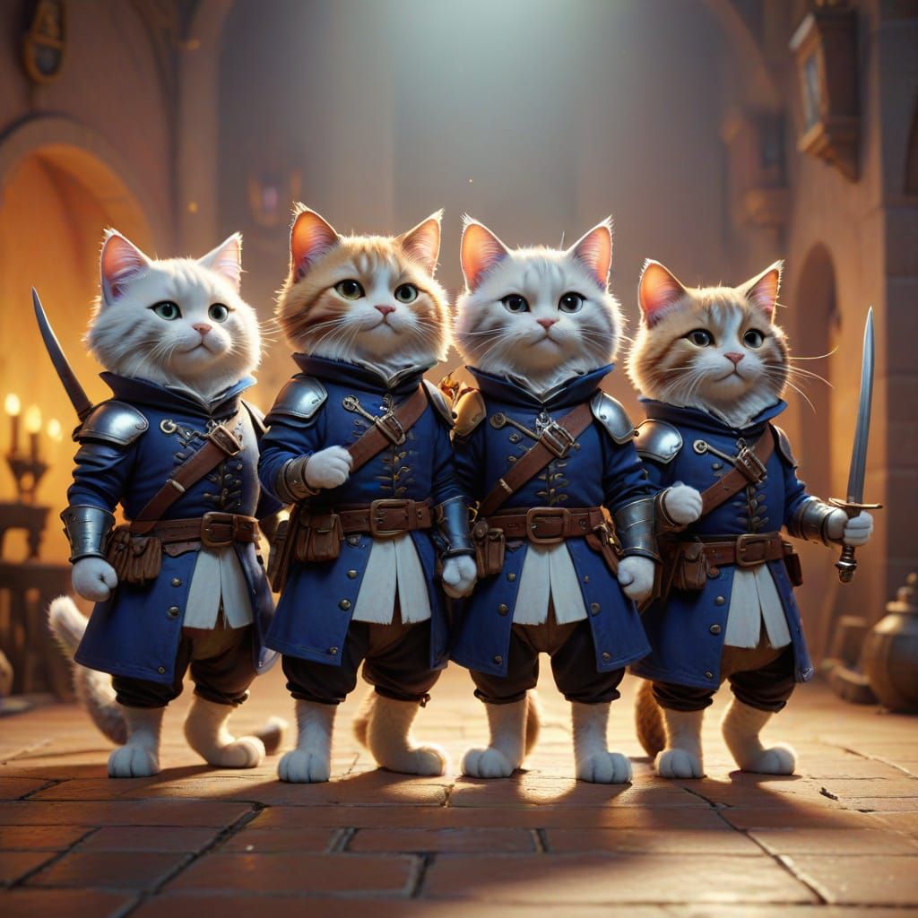 Three Musketeer Cats in Charming Pixar Style