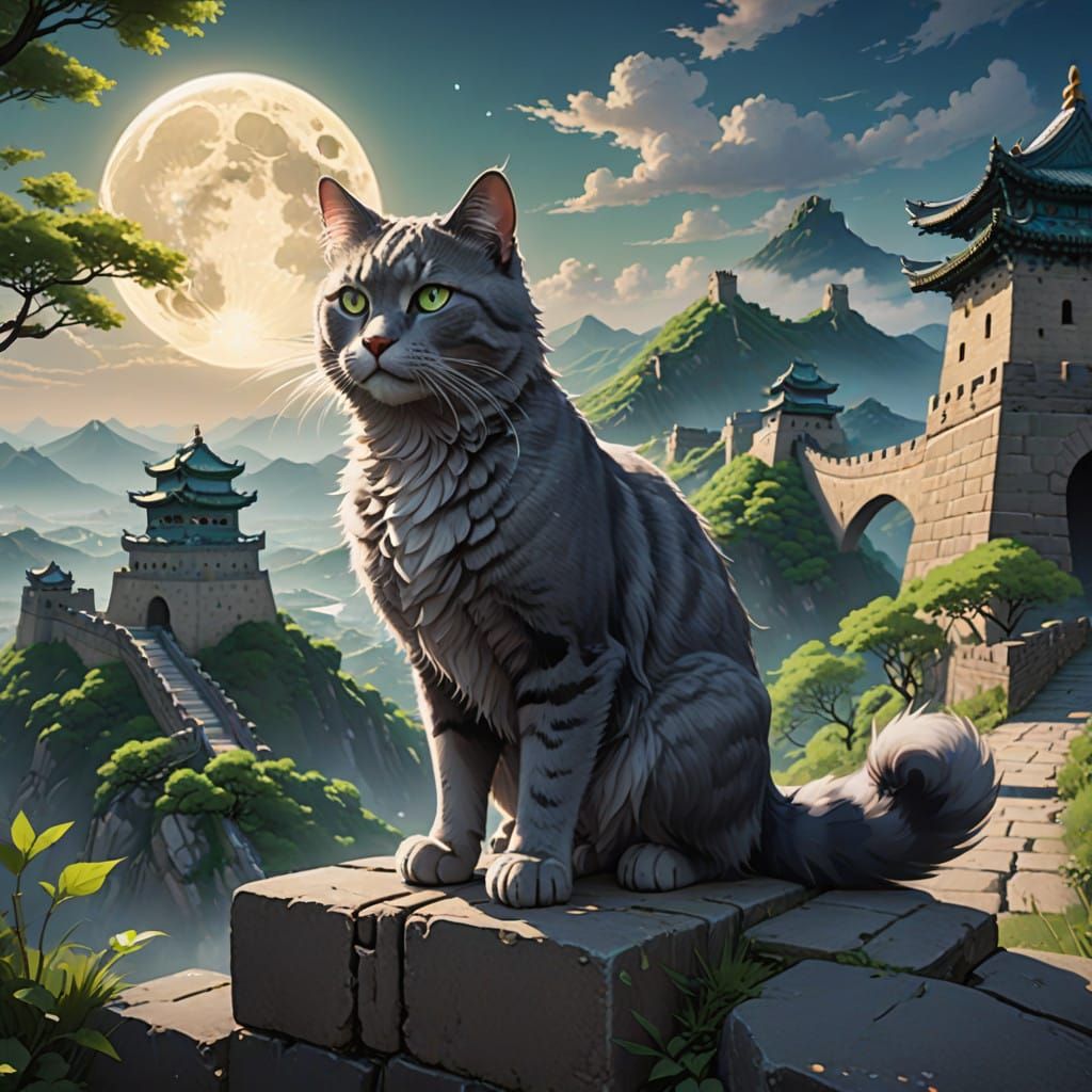 Gray Cat Walks Along Great Wall of China in 3D Anime Style