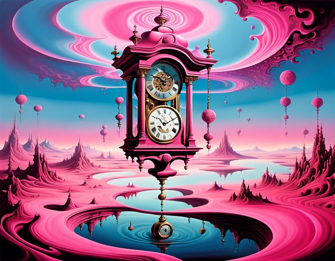 Surreal Pink Landscape with Melting Clocks