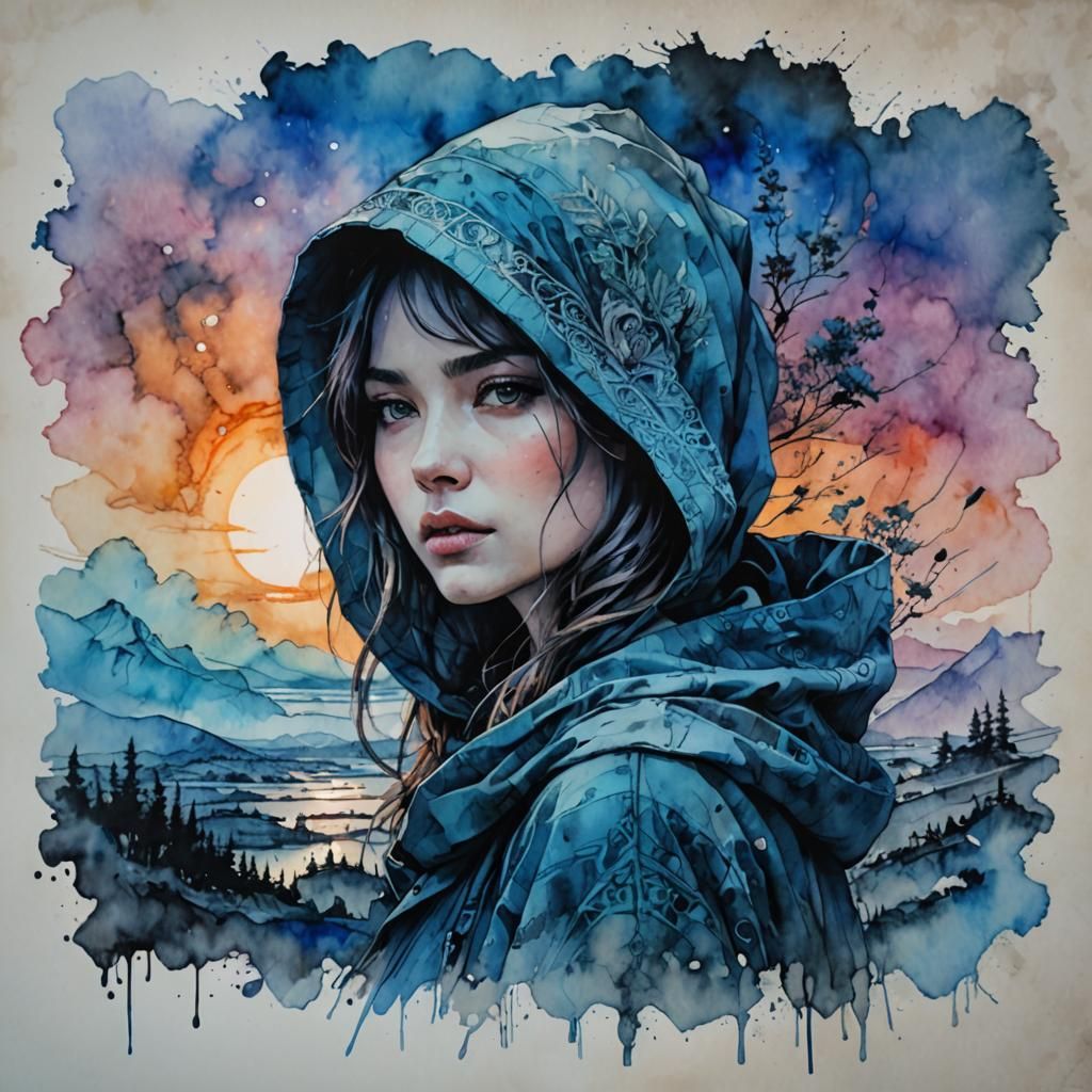 Blue Hood Femme Fatale Digital Watercolor Illustration