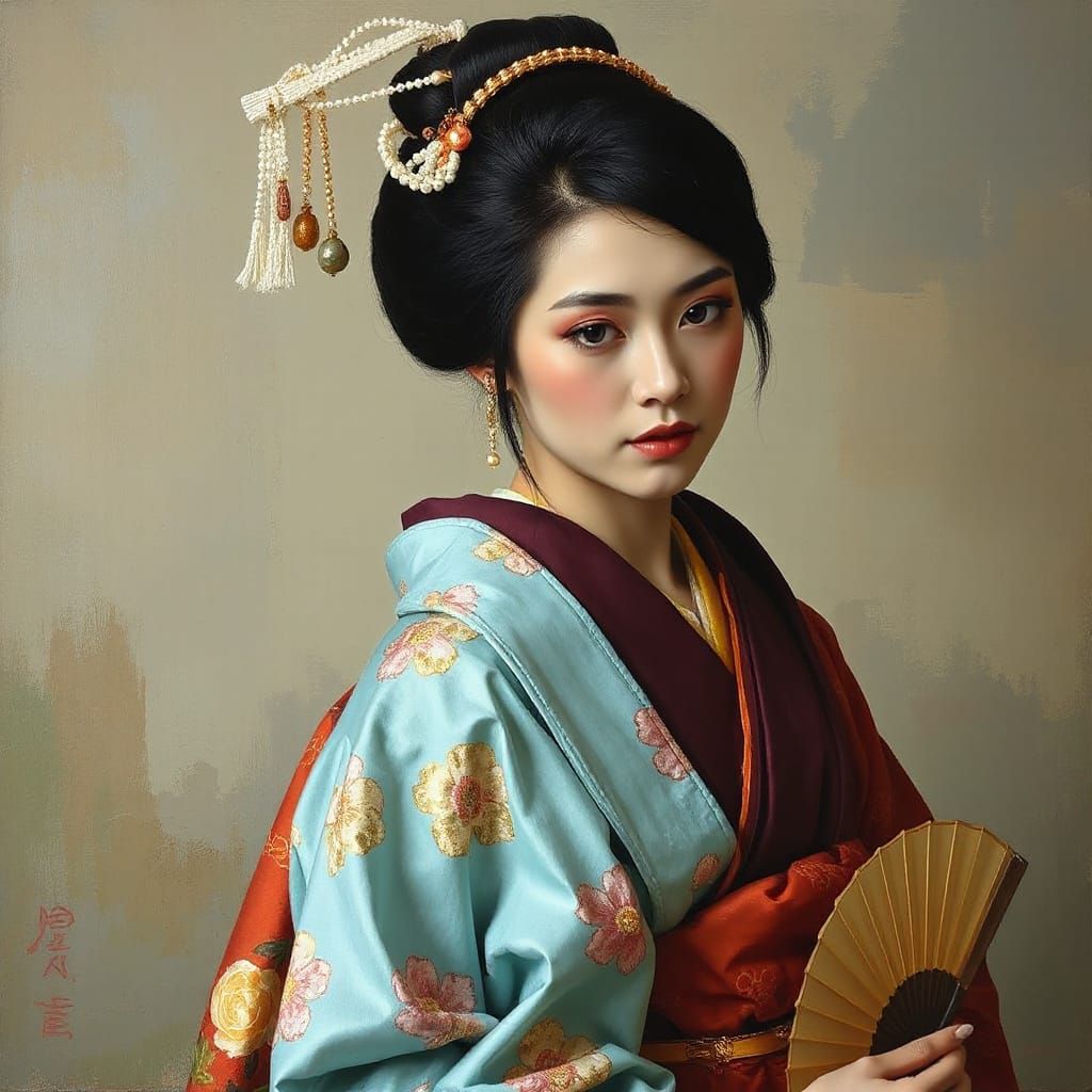 Impressionistic Geisha Portrait with Golden Fan