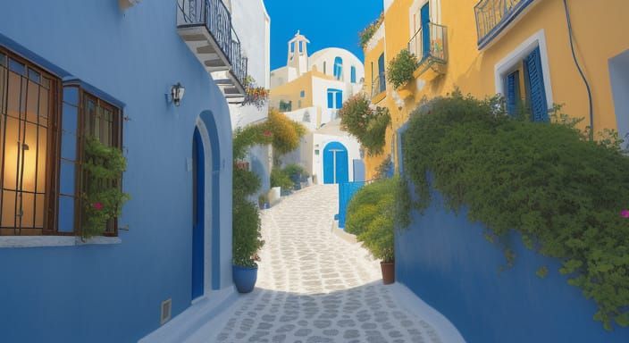 Impasto Oil Painting of a Klimt-Inspired Santorini Village