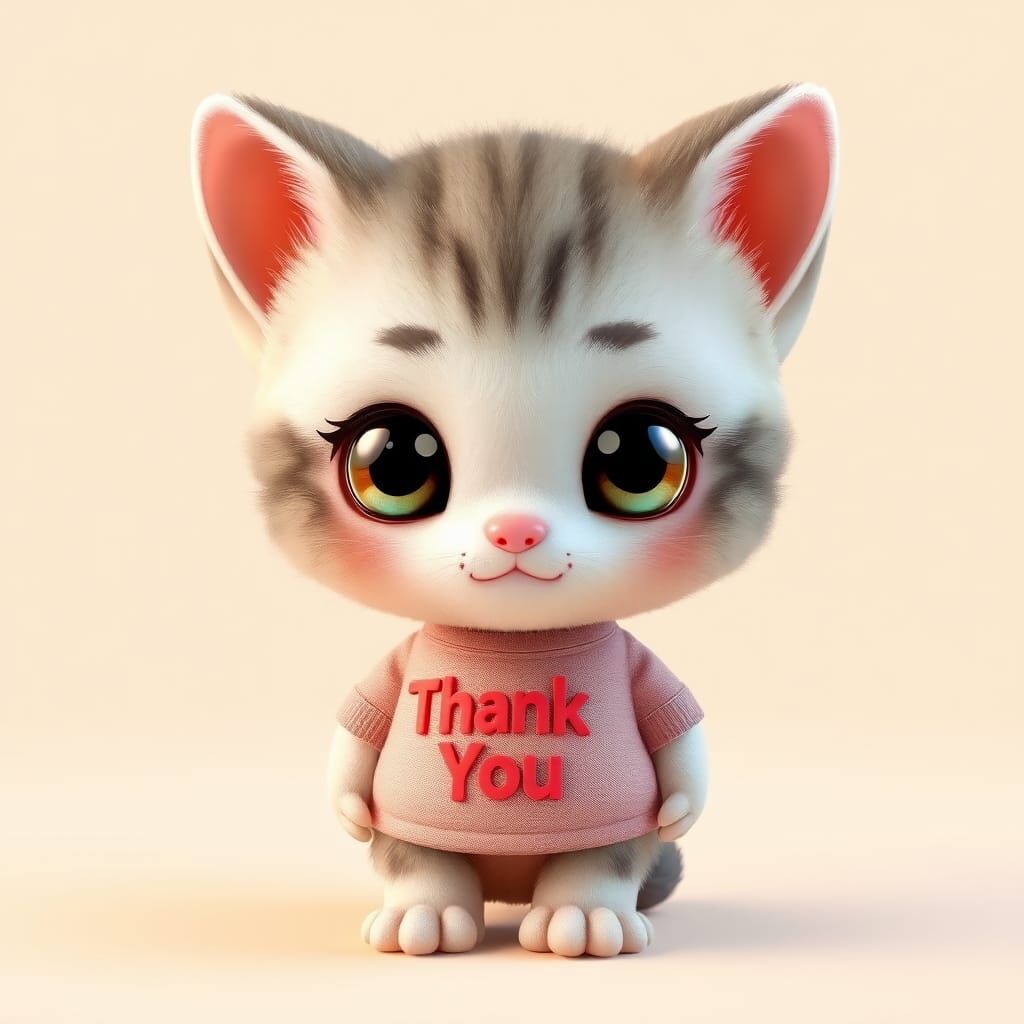 Cute chibi kitten wears a shirt reading, "Thank You" bold fo...