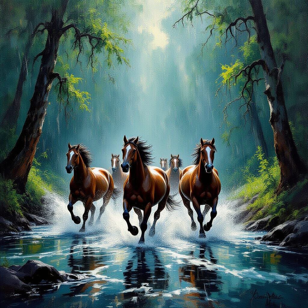 Majestic Horses Gallop Through River in Stormy Forest
